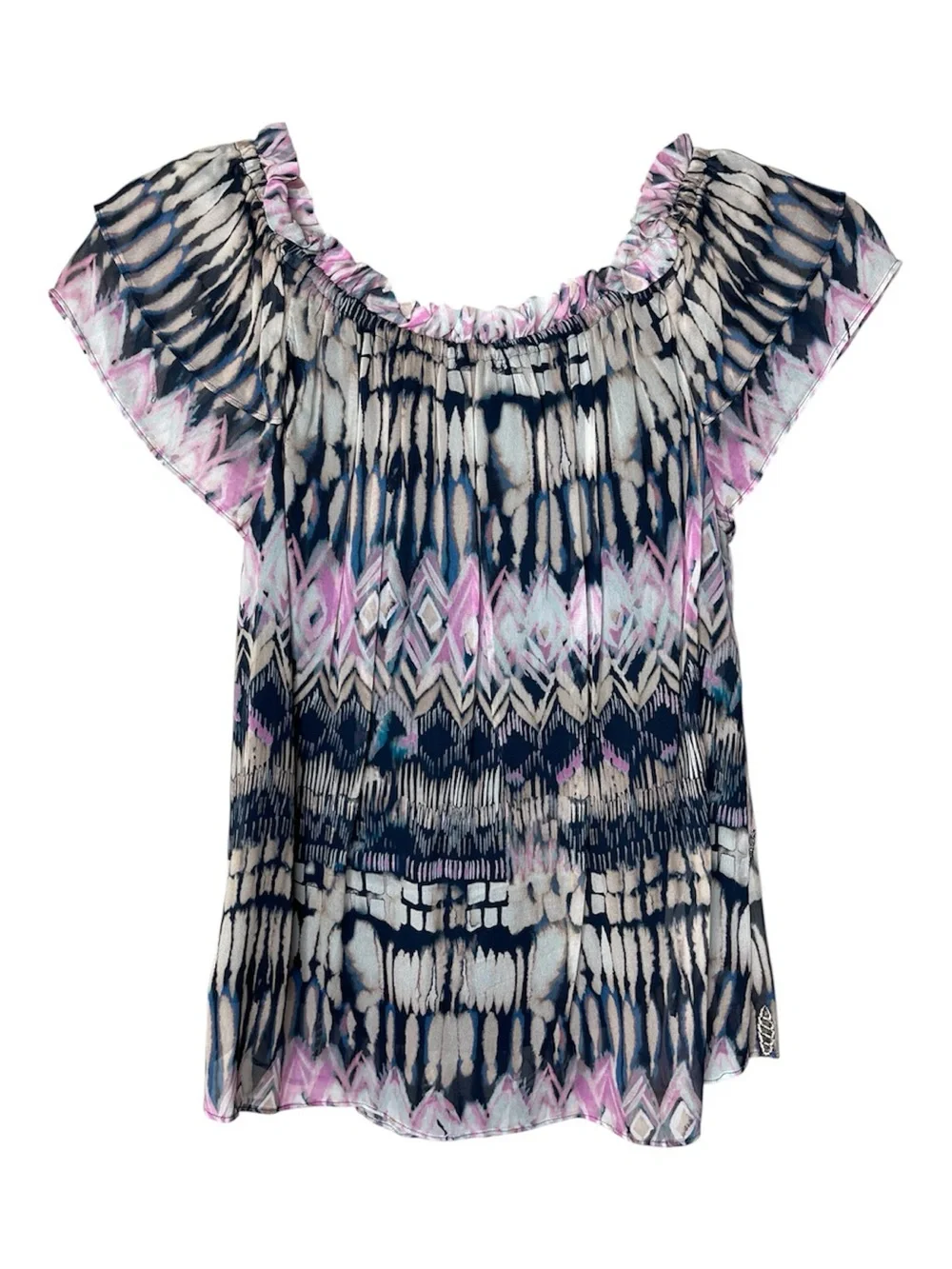 Hale Bob Pink, Navy & Cream Off-Shoulder Peasant Blouse Sz S